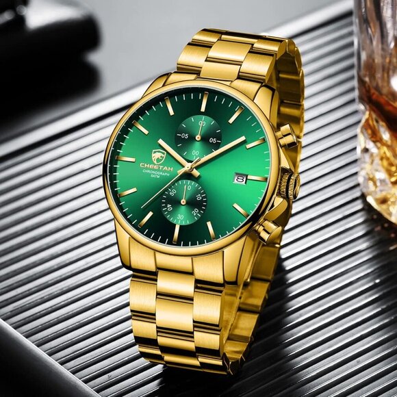 GOLDEN HOUR Men's Gold Green Stainless Steel Chronograph Quartz Watch Waterproof - Picture 6 of 7
